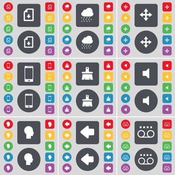 Download file, Cloud, Moving, Smartphone, Brush, Sound, Silhouette, Arrow left, Cassette icon symbol. A large set of flat, colored buttons for your design. illustration