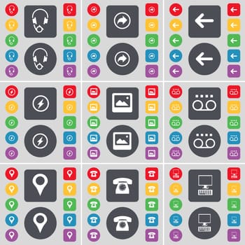 Headphones, Back, Arrow left, Flash, Window, Cassette, Checkpoint, Retro phone, PC icon symbol. A large set of flat, colored buttons for your design. illustration