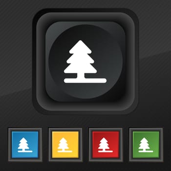 Christmas tree icon symbol. Set of five colorful, stylish buttons on black texture for your design. illustration