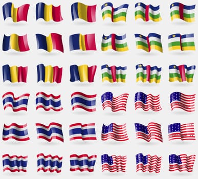 Chad, Central African Republic, Thailand, Bikini Atoll. Set of 36 flags of the countries of the world. illustration