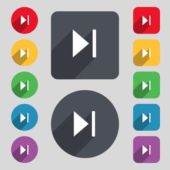 next track icon sign. A set of 12 colored buttons and a long shadow. Flat design. illustration