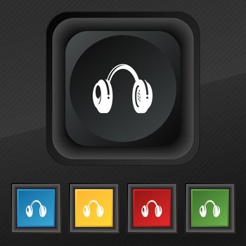 headsets icon symbol. Set of five colorful, stylish buttons on black texture for your design. illustration