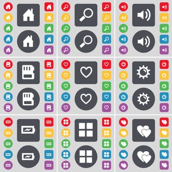 House, Magnifying glass, Sound, SIM card, Heart, Gear, Charging, Apps, Heart icon symbol. A large set of flat, colored buttons for your design. illustration