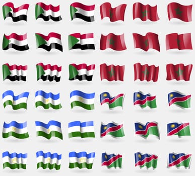 Sudan, Morocco, Bashkortostan, Namibia. Set of 36 flags of the countries of the world. illustration