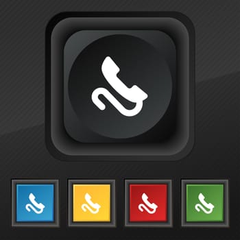 retro telephone handset icon symbol. Set of five colorful, stylish buttons on black texture for your design. illustration