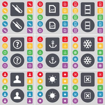 Microphone connector, Graph file, Negative films, Question mark, Anchor, Snowflake, Avatar, Light bulb, Stop icon symbol. A large set of flat, colored buttons for your design. illustration