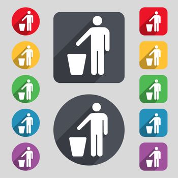 throw away the trash icon sign. A set of 12 colored buttons and a long shadow. Flat design. illustration