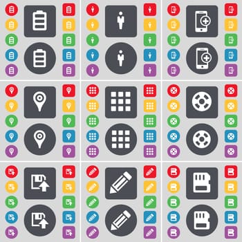 Battery, Silhouette, Smartphone, Checkpoint, Apps, Videotape, Floppy, Pencil, SIM card icon symbol. A large set of flat, colored buttons for your design. illustration