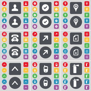 Avatar, Tick, Checkpoint, Retro phone, Full screen, Download file, Arrow up, Mobile phone, Fire extinguisher icon symbol. A large set of flat, colored buttons for your design. illustration