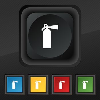 fire extinguisher icon symbol. Set of five colorful, stylish buttons on black texture for your design. illustration