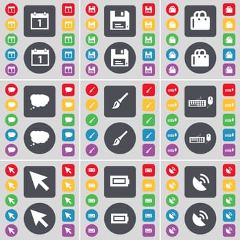 Calendar, Floppy, Shopping bag, Chat cloud, Brush, Keyboard, Cursor, Battery, Satellite dish icon symbol. A large set of flat, colored buttons for your design. illustration