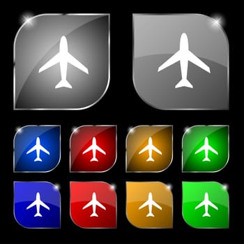 Airplane sign. Plane symbol. Travel icon. Flight flat label Set colourful buttons illustration