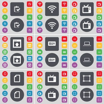 Survey, Wi-Fi, Retro TV, Window, Buy, Laptop, File, Frame icon symbol. A large set of flat, colored buttons for your design. illustration