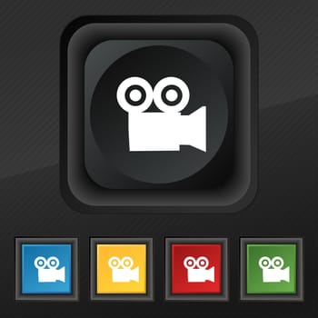 video camera icon symbol. Set of five colorful, stylish buttons on black texture for your design. illustration