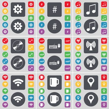 Gear, Hashtag, Note, Disk, Keyboard, Wi-Fi, Cup, Checkpoint icon symbol. A large set of flat, colored buttons for your design. illustration