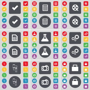 Tick, Calculator, Videotape, File, Flask, Gear, Connection, Camera, Lock icon symbol. A large set of flat, colored buttons for your design. illustration