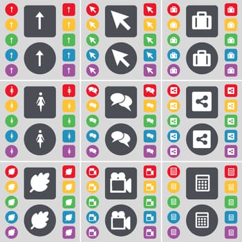 Arrow up, Cursor, Suitcase, Silhouette, Chat, Share, Leaf, Film camera, Calendar icon symbol. A large set of flat, colored buttons for your design. illustration