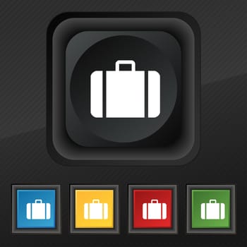 suitcase icon symbol. Set of five colorful, stylish buttons on black texture for your design. illustration