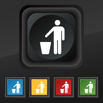 throw away the trash icon symbol. Set of five colorful, stylish buttons on black texture for your design. illustration