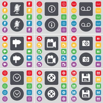 Microphone, Information, Cassette, Signpost, Film camera, Camera, Arrow down, Videotape, Floppy icon symbol. A large set of flat, colored buttons for your design. illustration