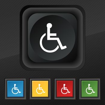 disabled icon symbol. Set of five colorful, stylish buttons on black texture for your design. illustration