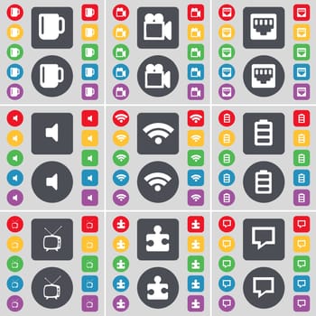 Cup, Film camera, LAN socket, Sound, Wi-Fi, Battery, Retro TV, Puzzle part, Chat bubble icon symbol. A large set of flat, colored buttons for your design. illustration