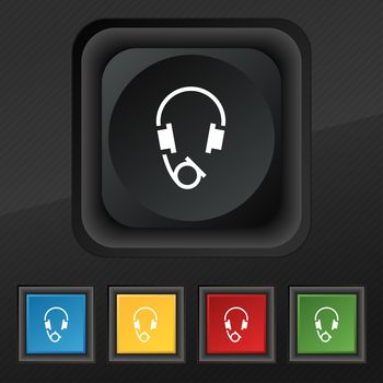 headsets icon symbol. Set of five colorful, stylish buttons on black texture for your design. illustration