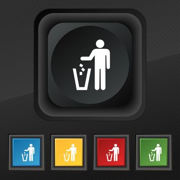 throw away the trash icon symbol. Set of five colorful, stylish buttons on black texture for your design. illustration