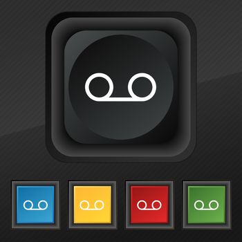 audio cassette icon symbol. Set of five colorful, stylish buttons on black texture for your design. illustration