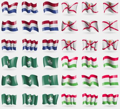 Netherlands, Jersey, Macau, Tajikistan. Set of 36 flags of the countries of the world. illustration