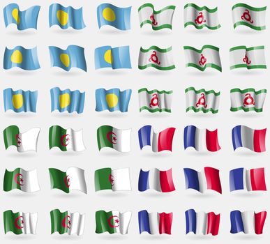 Palau, Ingushetia, Algeria, France. Set of 36 flags of the countries of the world. illustration