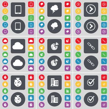 Tablet PC, Lightning, Arrow right, Cloud, Pizza, Link, Stopwatch, Building, Tick icon symbol. A large set of flat, colored buttons for your design. illustration
