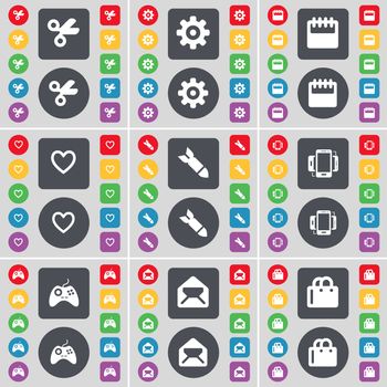 Scissors, Gear, Calendar, Heart, Rocket, Smartphone, Gamepad, Message, Shopping bag icon symbol. A large set of flat, colored buttons for your design. illustration
