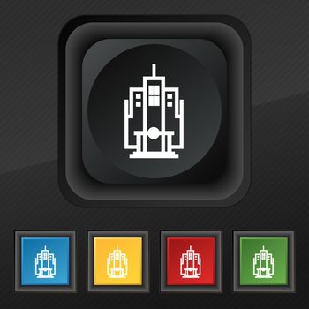 skyscraper icon symbol. Set of five colorful, stylish buttons on black texture for your design. illustration