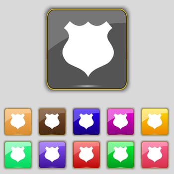 shield icon sign. Set with eleven colored buttons for your site. 