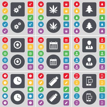 Gear, Marijuana, Firtree, Arrow up, Calendar, Avatar, Clock, USB, SMS icon symbol. A large set of flat, colored buttons for your design. illustration