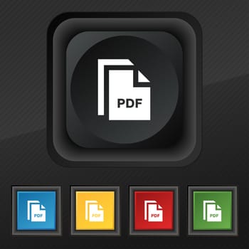 file PDF icon symbol. Set of five colorful, stylish buttons on black texture for your design. illustration
