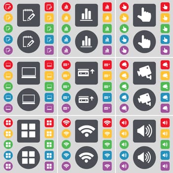 Notebook, Diagram, Hand, Laptop, Cassette, CCTV, Apps, Wi-Fi, Sound icon symbol. A large set of flat, colored buttons for your design. illustration