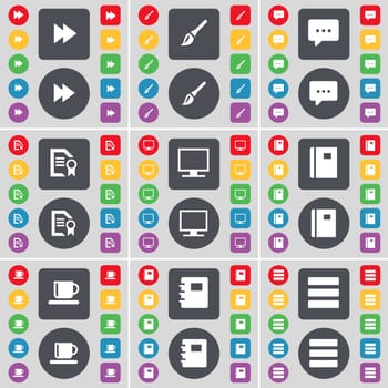 Rewind, Brush, Brush, Chat bubble, Text file, Monitor, Notebook, Cup, Notebook, Apps icon symbol. A large set of flat, colored buttons for your design. illustration