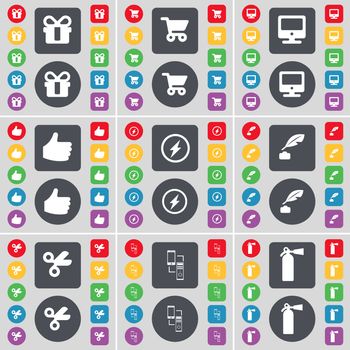 Gift, Shopping cart, Monitor, Like, Flash, Ink pot, Scissors, Connection, Fire extinguisher icon symbol. A large set of flat, colored buttons for your design. illustration