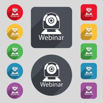 Webinar web camera sign icon. Online Web-study symbol. Website e-learning navigation. Set of colored buttons illustration