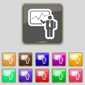 businessman making report icon sign. Set with eleven colored buttons for your site. illustration