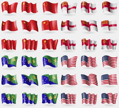 China, Sark, Christmas Island, USA. Set of 36 flags of the countries of the world. illustration