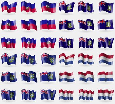 Haiti, VirginIslandsUK, Pitcairn Islands, Netherlands. Set of 36 flags of the countries of the world. illustration