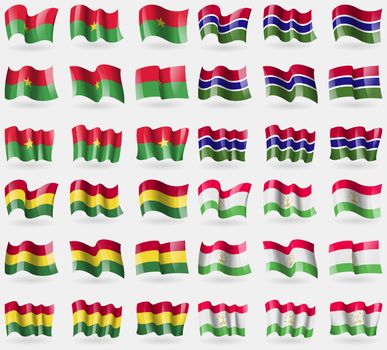Burkia Faso, Gambia, Bolivia, Tajikistan. Set of 36 flags of the countries of the world. illustration