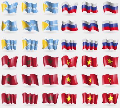 Tuva, Russia, Morocco, Vietnam. Set of 36 flags of the countries of the world. illustration