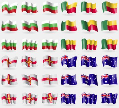 Bulgaria, Benin, Guernnsey, Australia. Set of 36 flags of the countries of the world. illustration