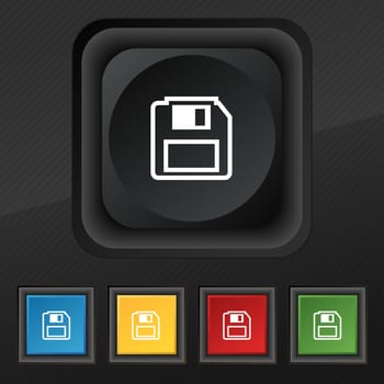 floppy disk icon symbol. Set of five colorful, stylish buttons on black texture for your design. illustration