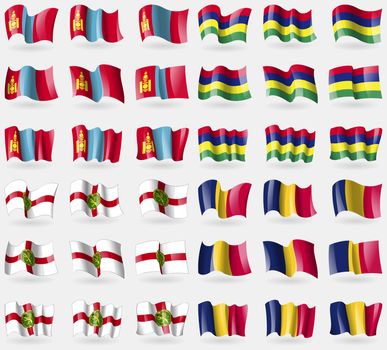 Mongolia, Mauritius, Alderney, Chad. Set of 36 flags of the countries of the world. illustration