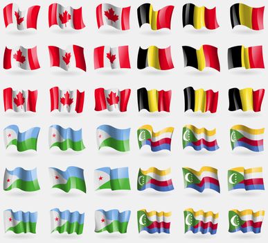 Canada, Belgium, Djibouti, Comoros. Set of 36 flags of the countries of the world. illustration